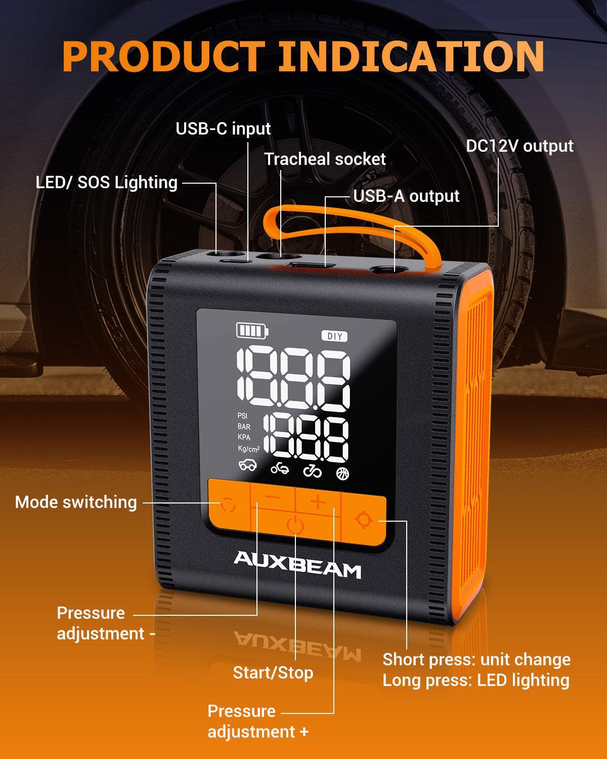 Auxbeam Model-H4 19mm Cylinder Portable Car Tire Inflator Air Compressor Pump