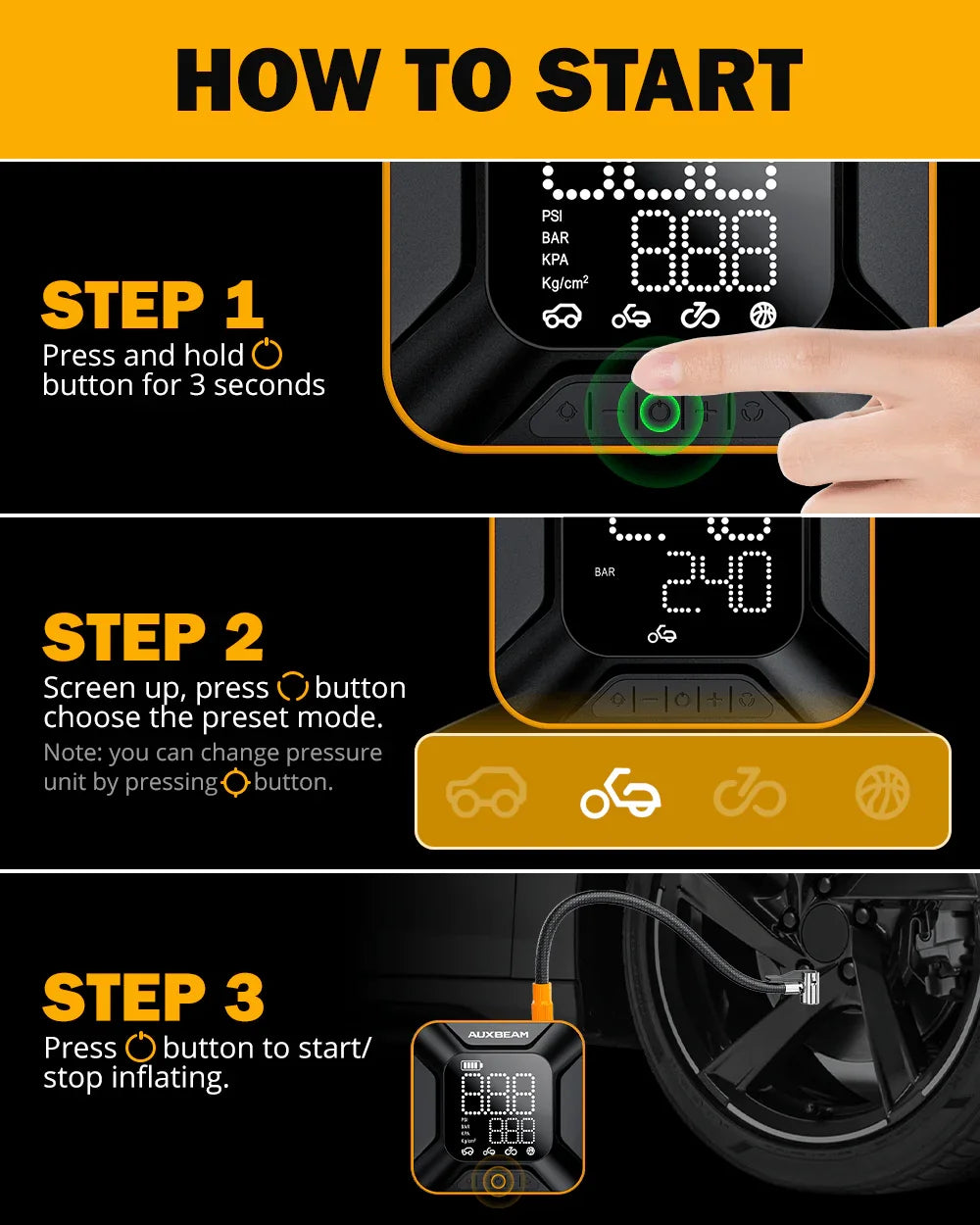 Auxbeam Model-H6 28mm Cylinder Portable Car Tire Inflator Air Compressor Pump