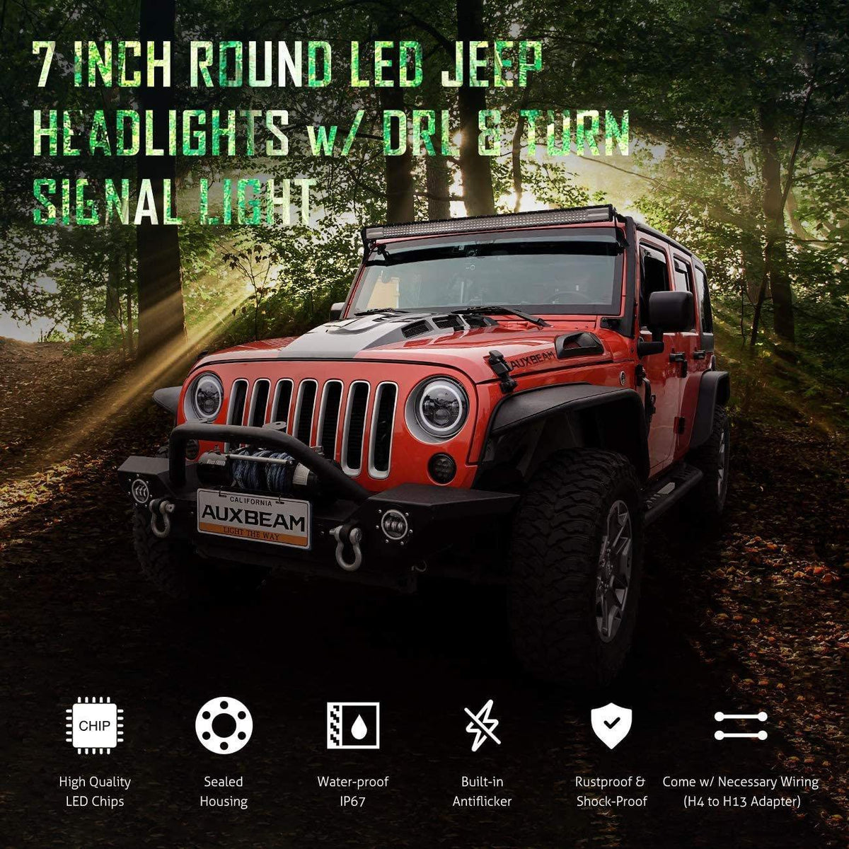 Auxbeam 7'' LED Halo Headlights for Jeep Wrangler2007-2018 JK