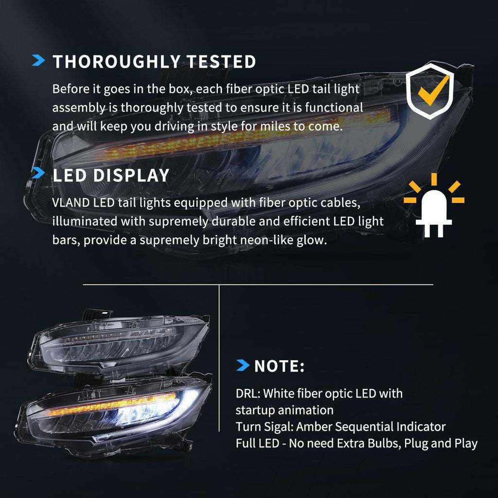 Vland LED Headlight Assembly for 2016-2021 Honda Civic 10th Gen (FC/FK)