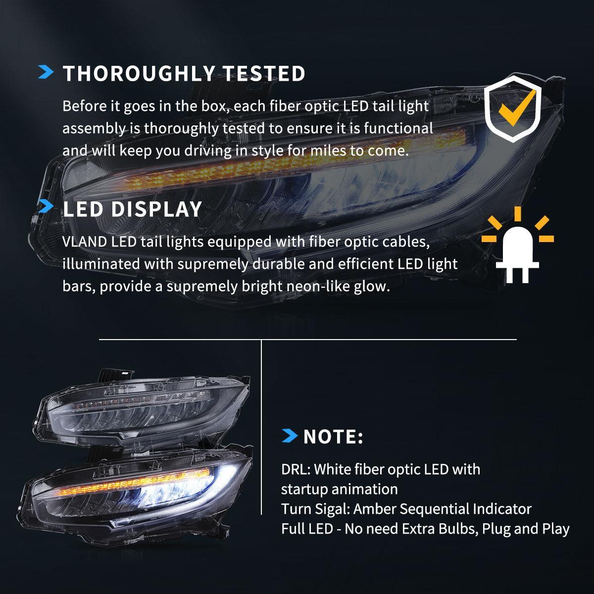 Vland LED Headlight Assembly for 2016-2021 Honda Civic 10th Gen (FC/FK)