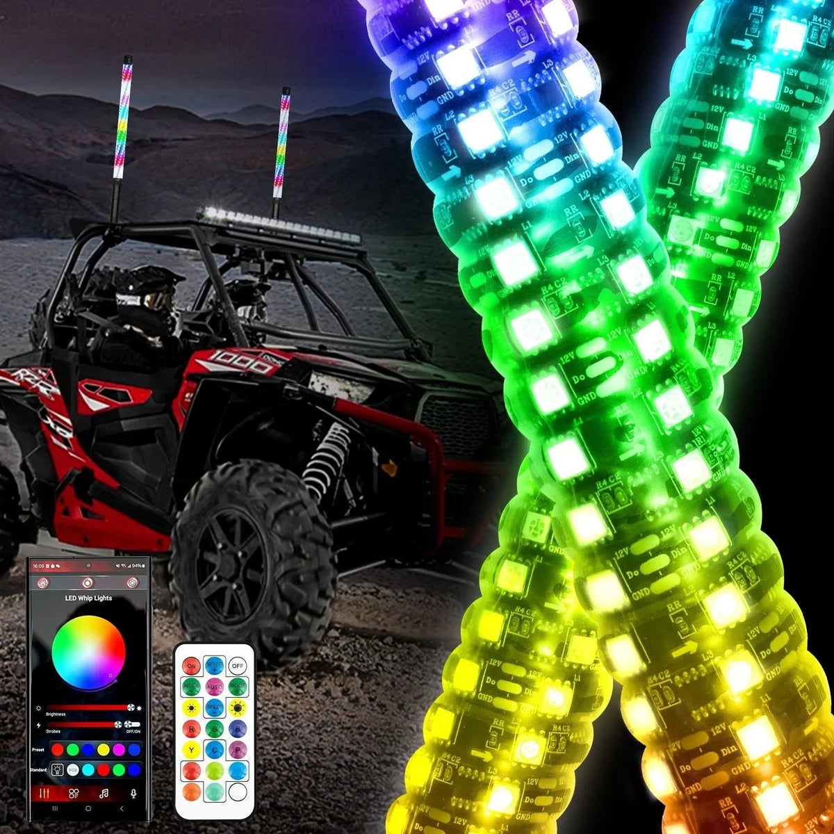 Auxbeam 2.2FT LED RGB Whip Lights with Turn Signal & Brake Light
