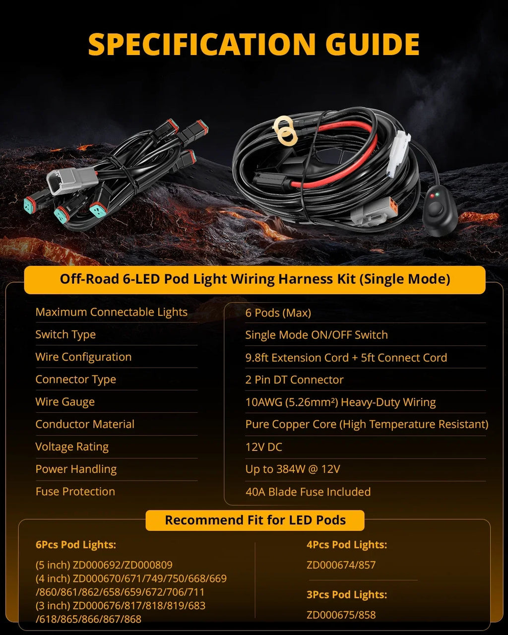 6-LED Pod Light Power Wiring Harness Kit with 2 PIN DT Plug