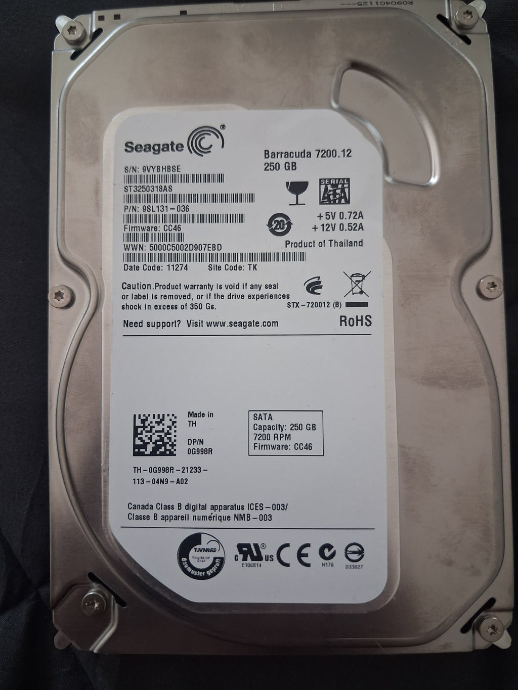 Seagate BarraCuda 7200.12 250GB 3.5" SATA Internal HDD ST3250318AS