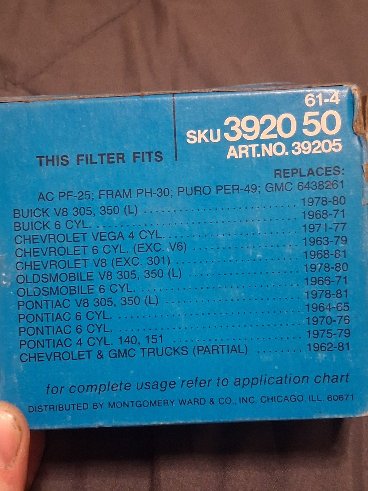Montgomery Ward 392050 Engine Oil Filter - Cross Ref FRAM PH30 AC PF25 GM V8