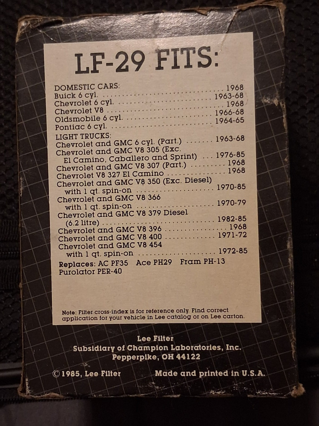 NOS Lee LF-29 Engine Oil Filter - Cross Ref FRAM PH29 AC PF1218 Chevy V8
