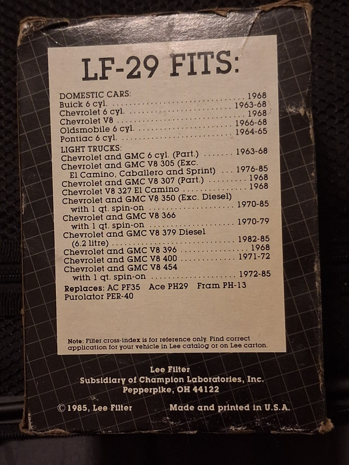 NOS Lee LF-29 Engine Oil Filter - Cross Ref FRAM PH29 AC PF1218 Chevy V8