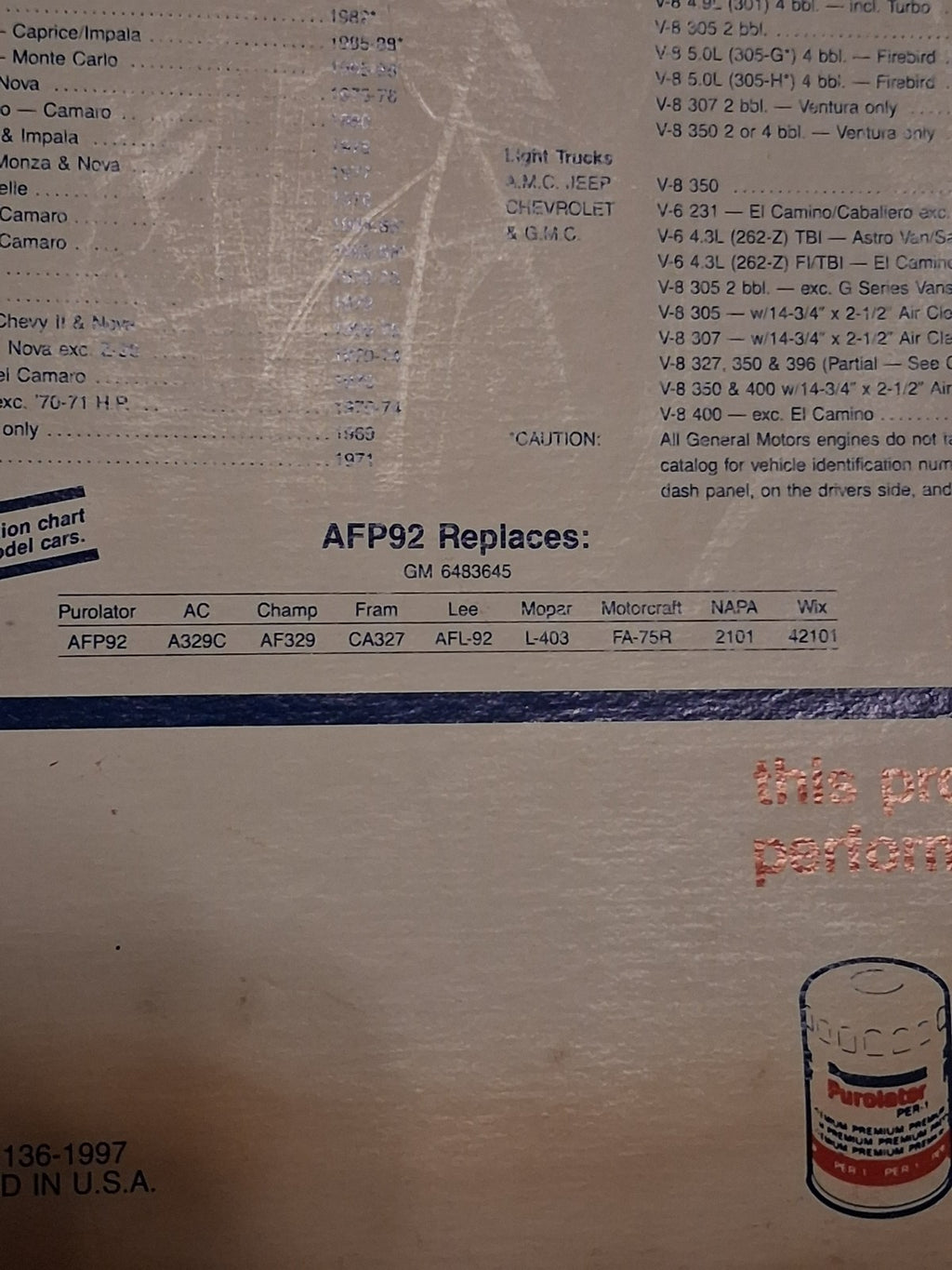 Purolator AFP92 Engine Air Filter - Cross Ref FRAM CA327 GM V6 V8
