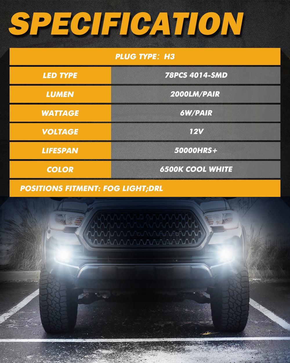 Auxbeam H3 LED Fog Light/DRL Bulbs 6W 2000ML 6500K White - 2 Bulbs