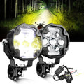 LED motorcycle driving lights with bright beam for off-road night riding, featuring durable housing and wiring kit