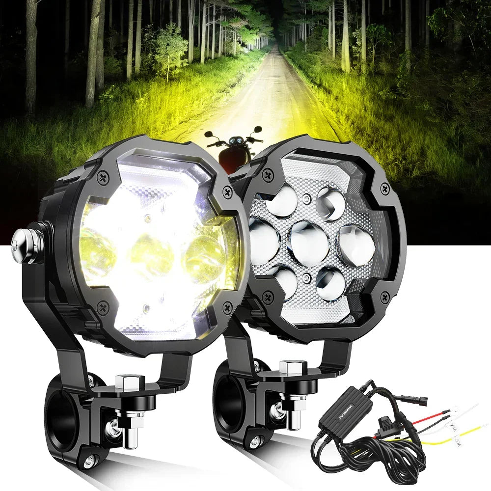 LED motorcycle driving lights with bright beam for off-road night riding, featuring durable housing and wiring kit
