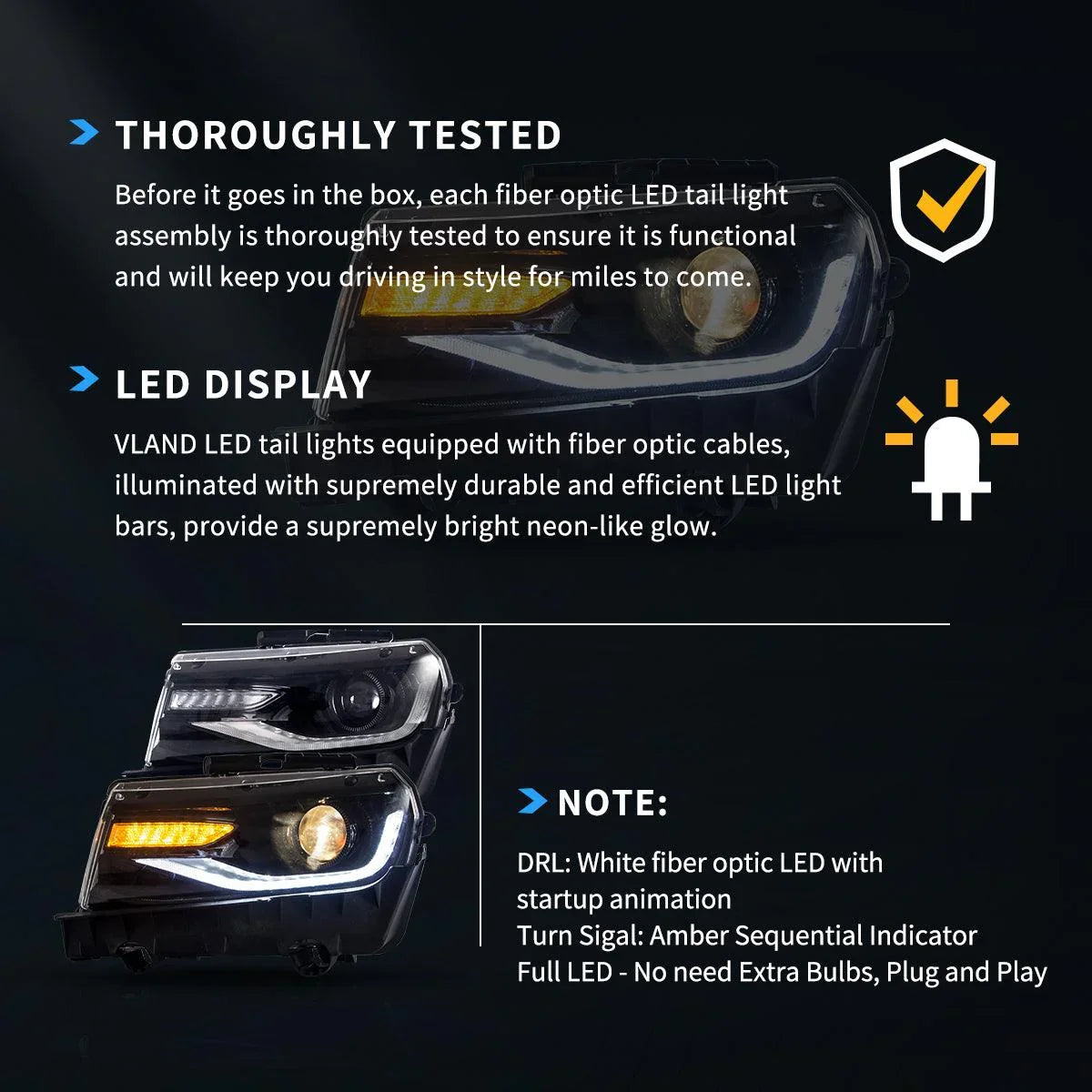 Vland LED Headlight Assembly Dual Beam Projector for 2014-2015 Chevrolet Camaro