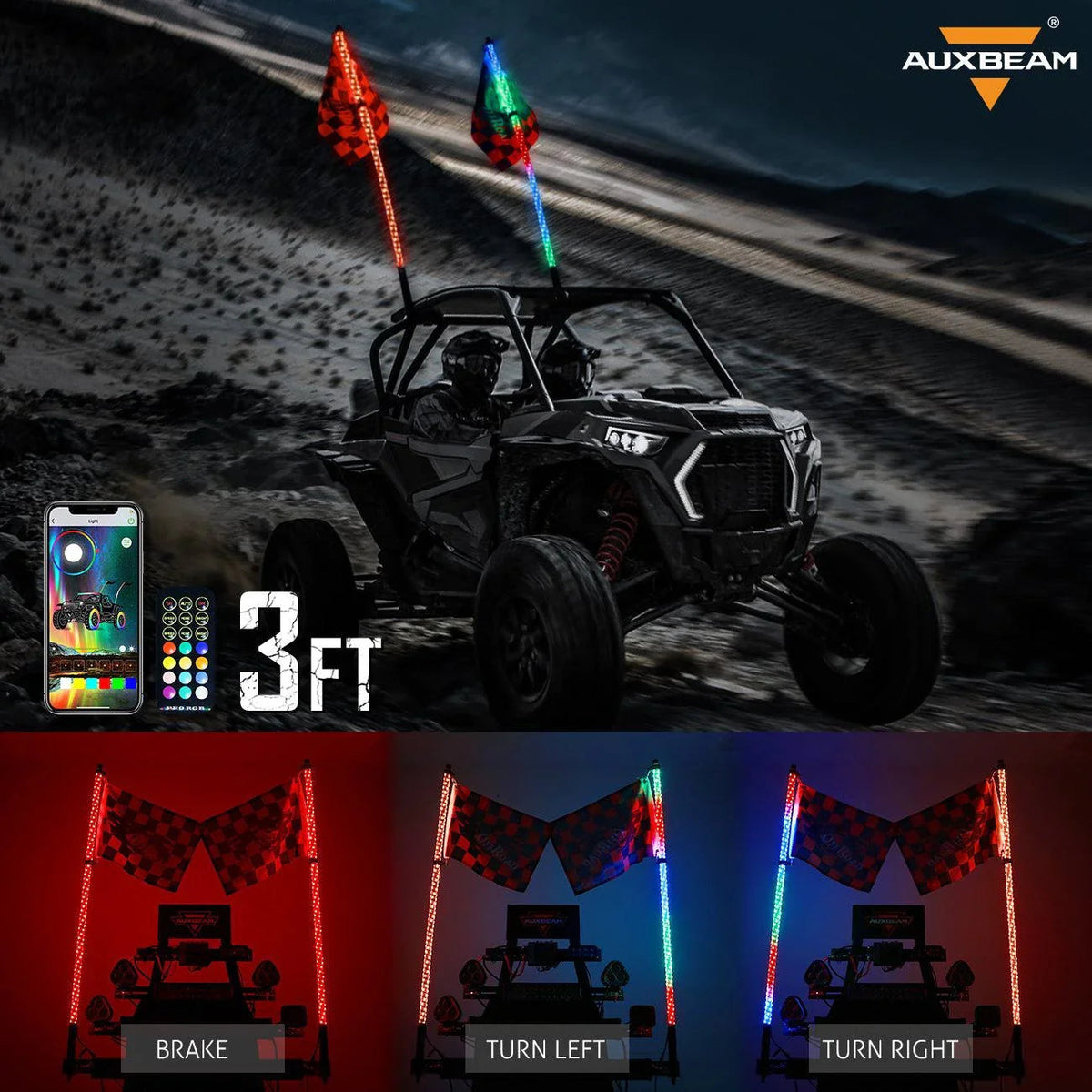 Auxbeam 3FT/4FT LED RGB Whip Lights