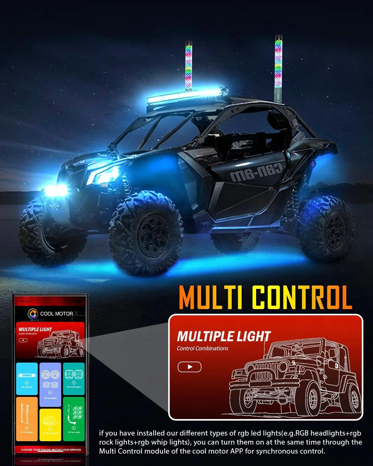 Auxbeam 1.9FT LED RGB Whip Lights with Turn Signal & Brake Light