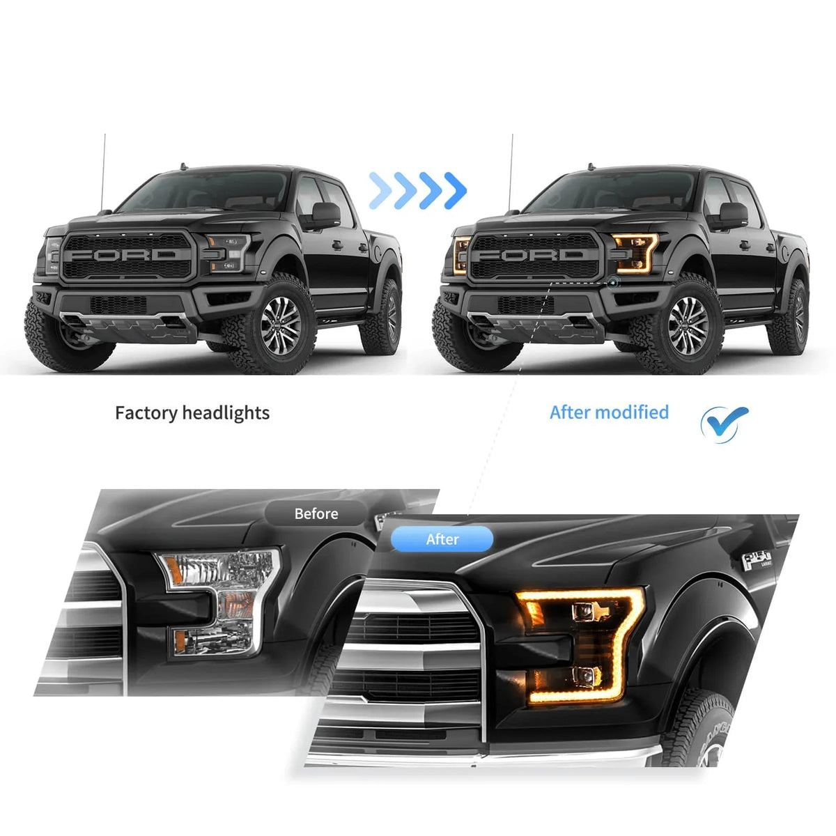 Vland LED Headlight Assembly Dual Beam Projector Black for 2015-2017 Ford F150