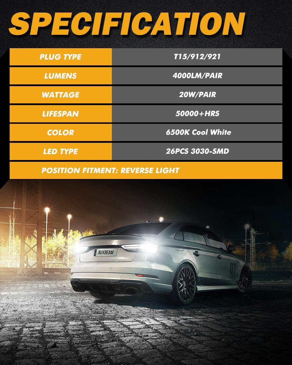 Auxbeam 912 921 T15 W16W LED Reverse Back-up Light Bulbs 20W 6500K White B3