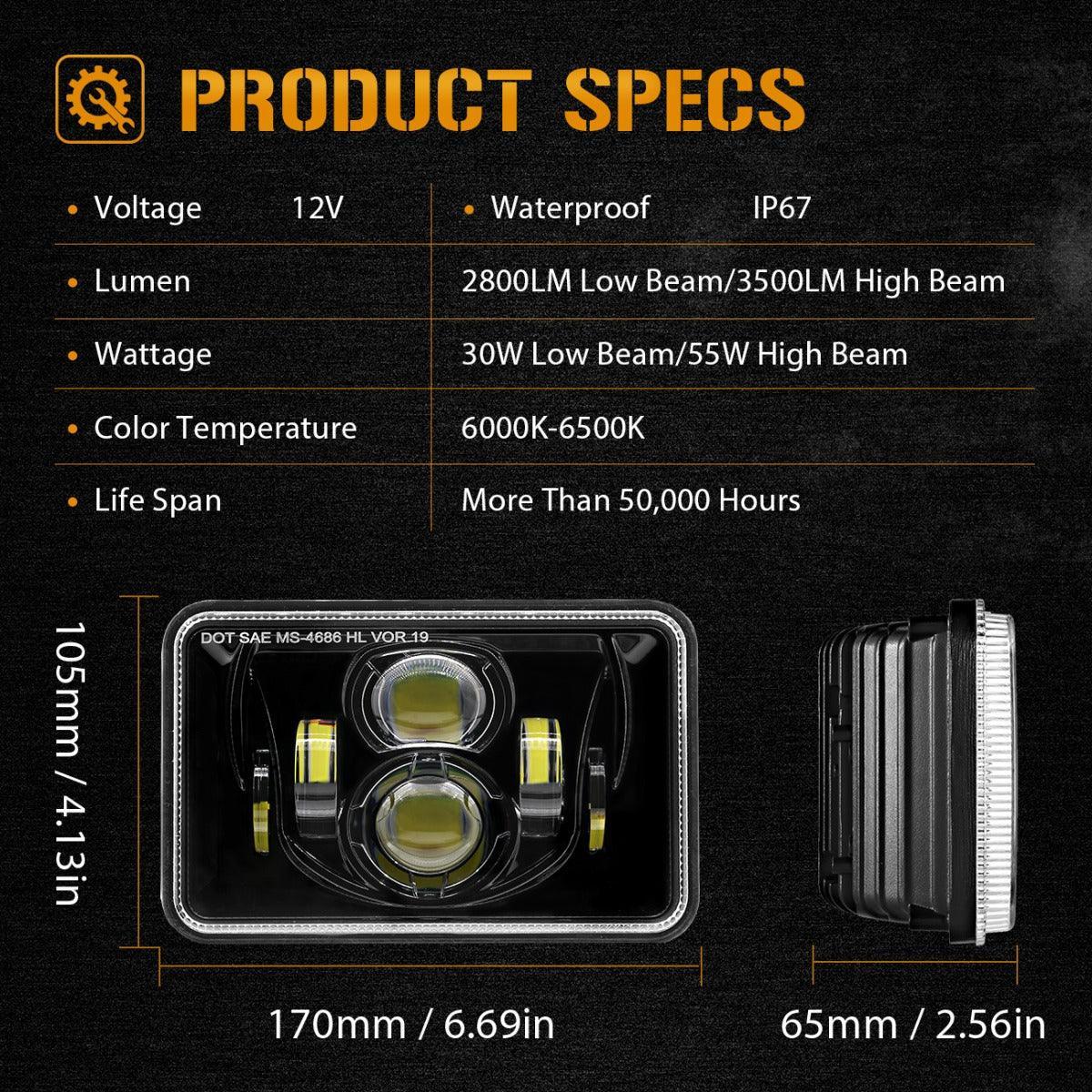 Auxbeam 4X6 Inch 55W Rectangular LED Headlight Dot Approved Black
