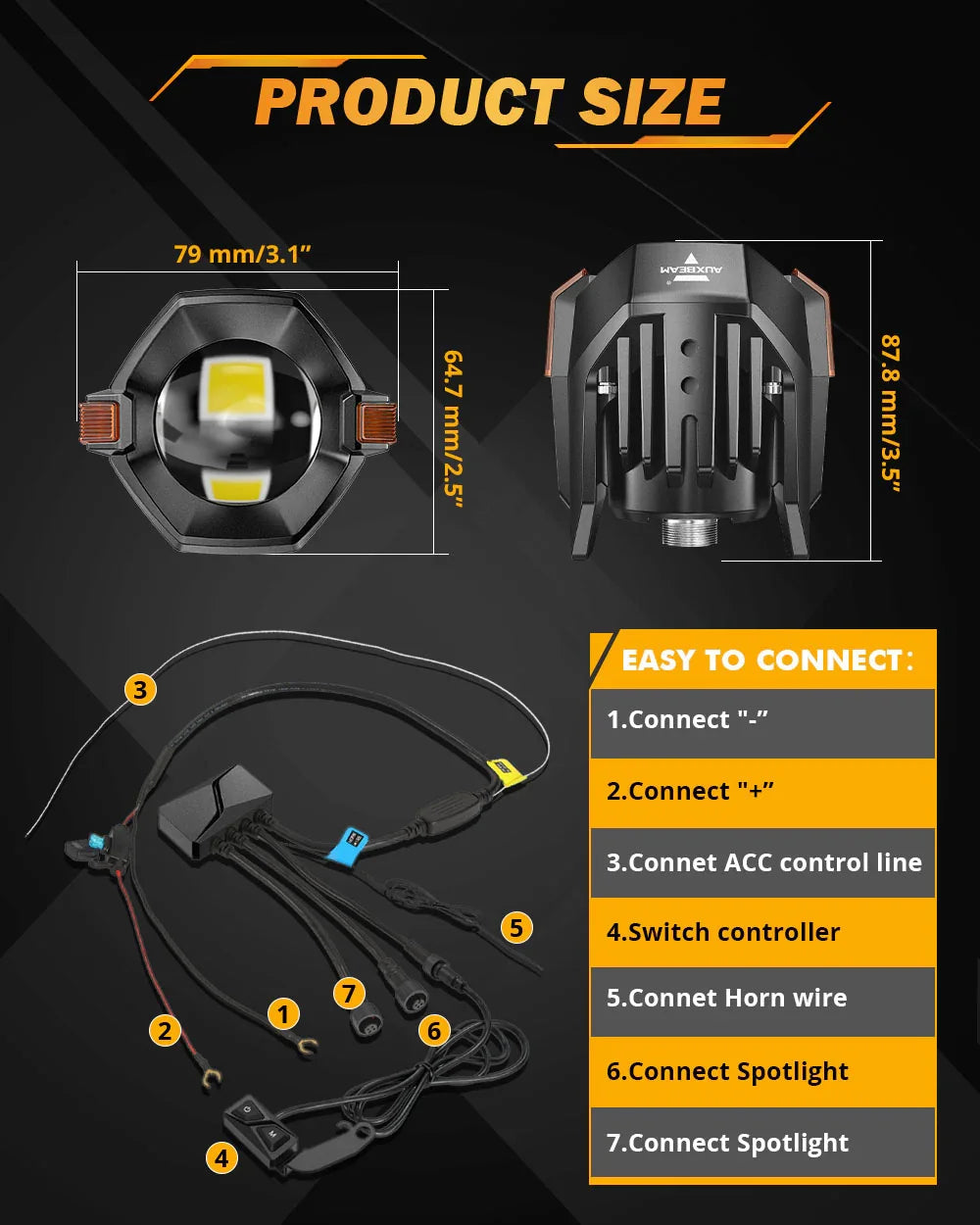 Auxbeam 3 Inch Motorcycle LED Spotlight Bi-LED Projector Lens Headlight 120W