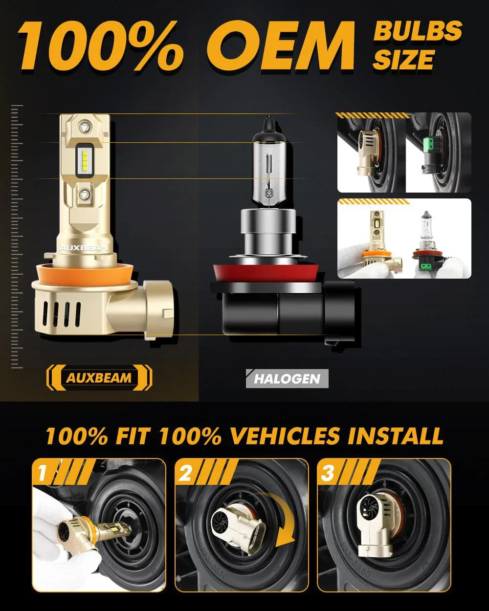 Auxbeam H11+H11 LED Headlight Bulbs 60W Q20-SE Series 1:1 OEM Factory Size 4