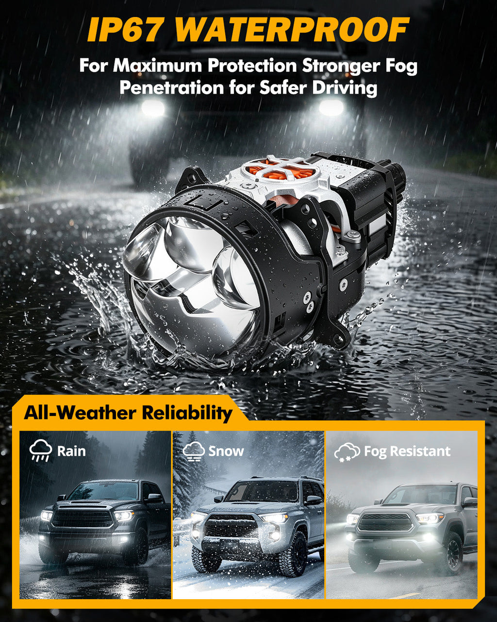 Auxbeam 3 Inch 148W Dual Fan Cooling Bi-LED Projector Headlight 6500K Triple