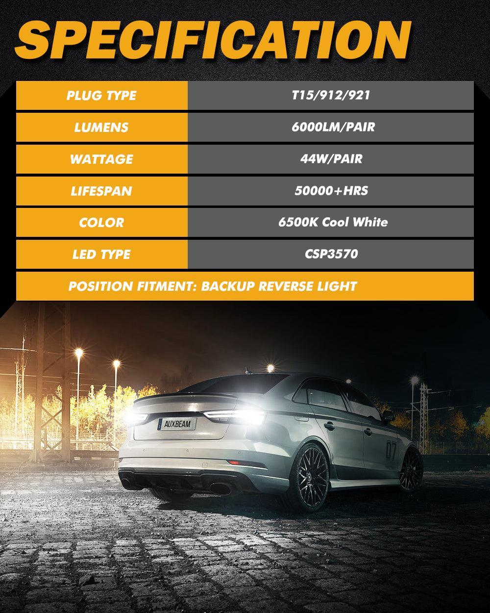 Auxbeam 912 921 T15 W16W LED Reverse Back-up Light Bulbs 44W 6500K White B2