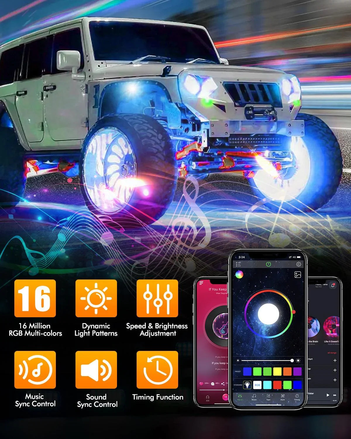 Auxbeam RGB LED Rock Lights Kit with Bluetooth APP & Wireless Remote Control