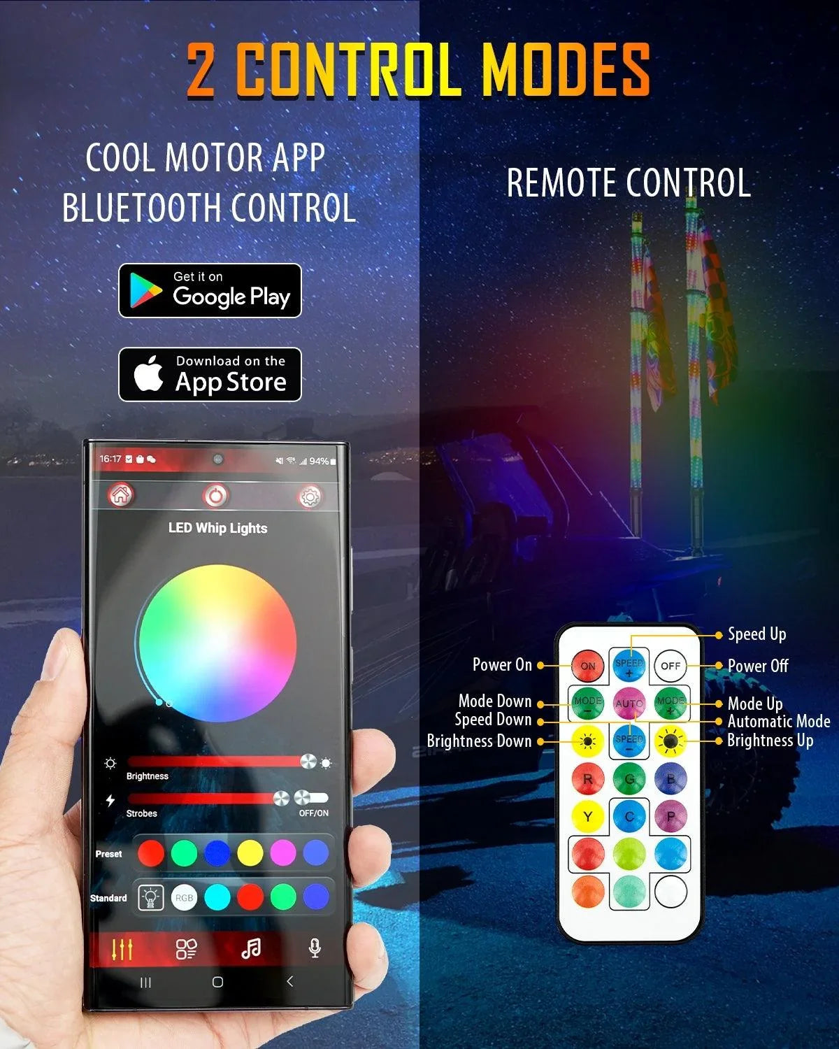 Auxbeam 3.8FT LED RGB Whip Lights with Turn Signal & Brake Light