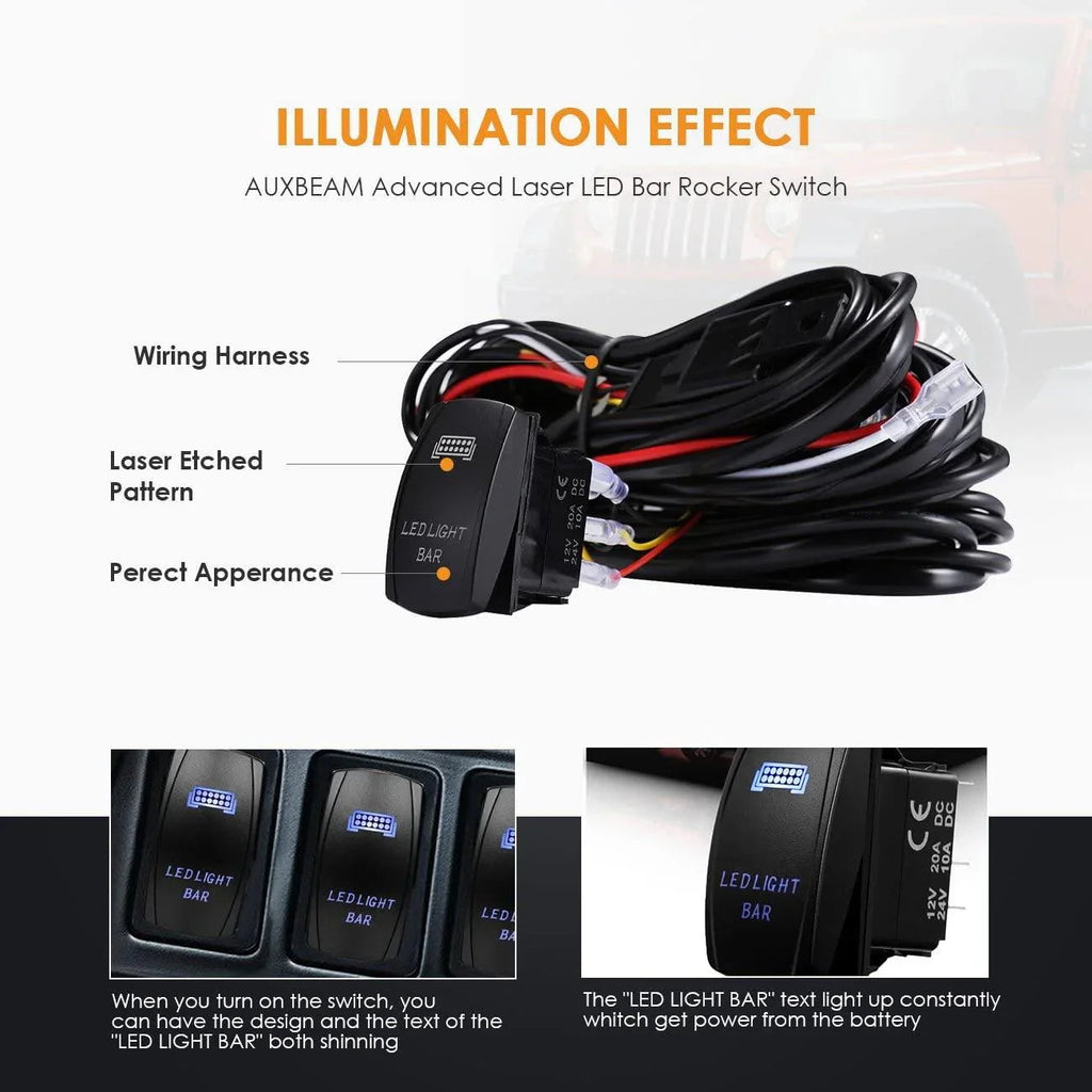 LED Light Bar Rocker Switch with 3Pcs Switching Lines Wiring Loom Harness Kit with Fuse and Relay