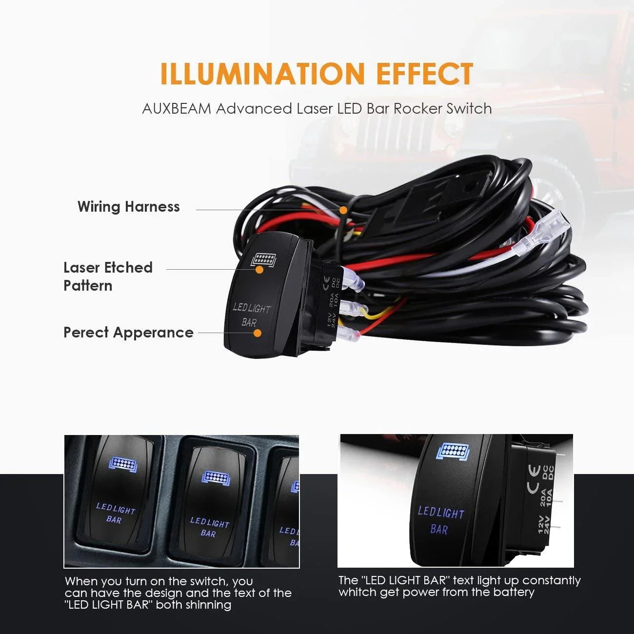 LED Light Bar Rocker Switch with 3Pcs Switching Lines Wiring Loom Harness Kit with Fuse and Relay