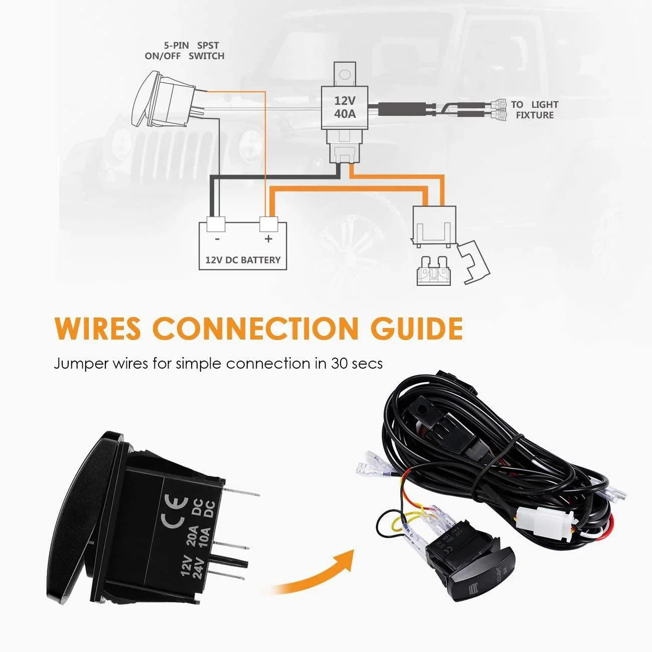 LED Light Bar Rocker Switch with 3Pcs Switching Lines Wiring Loom Harness Kit with Fuse and Relay