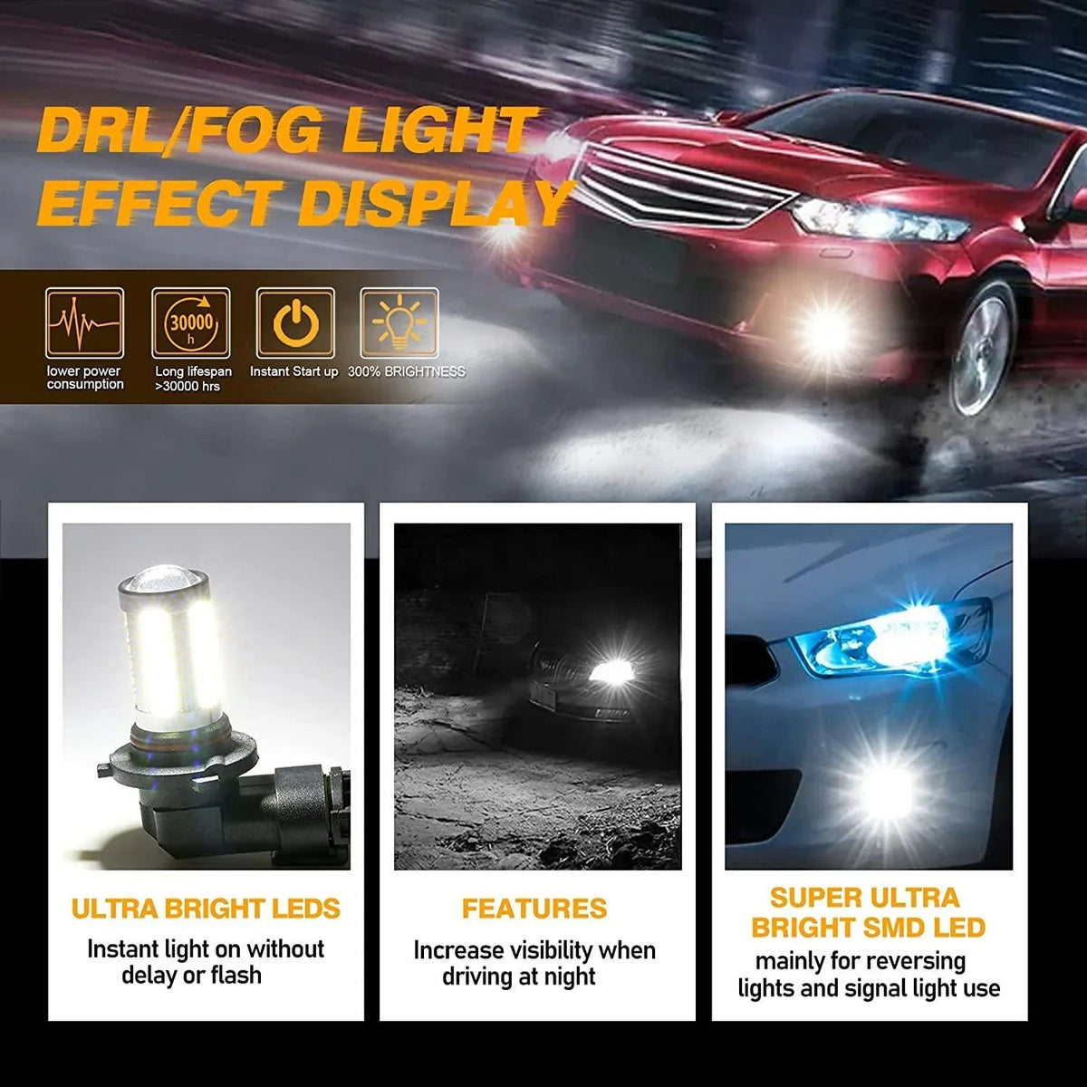 Auxbeam H10 9145 9140 HB3 LED Fog Light/DRL 50W 6500K White 33LED Series 2 Bulbs