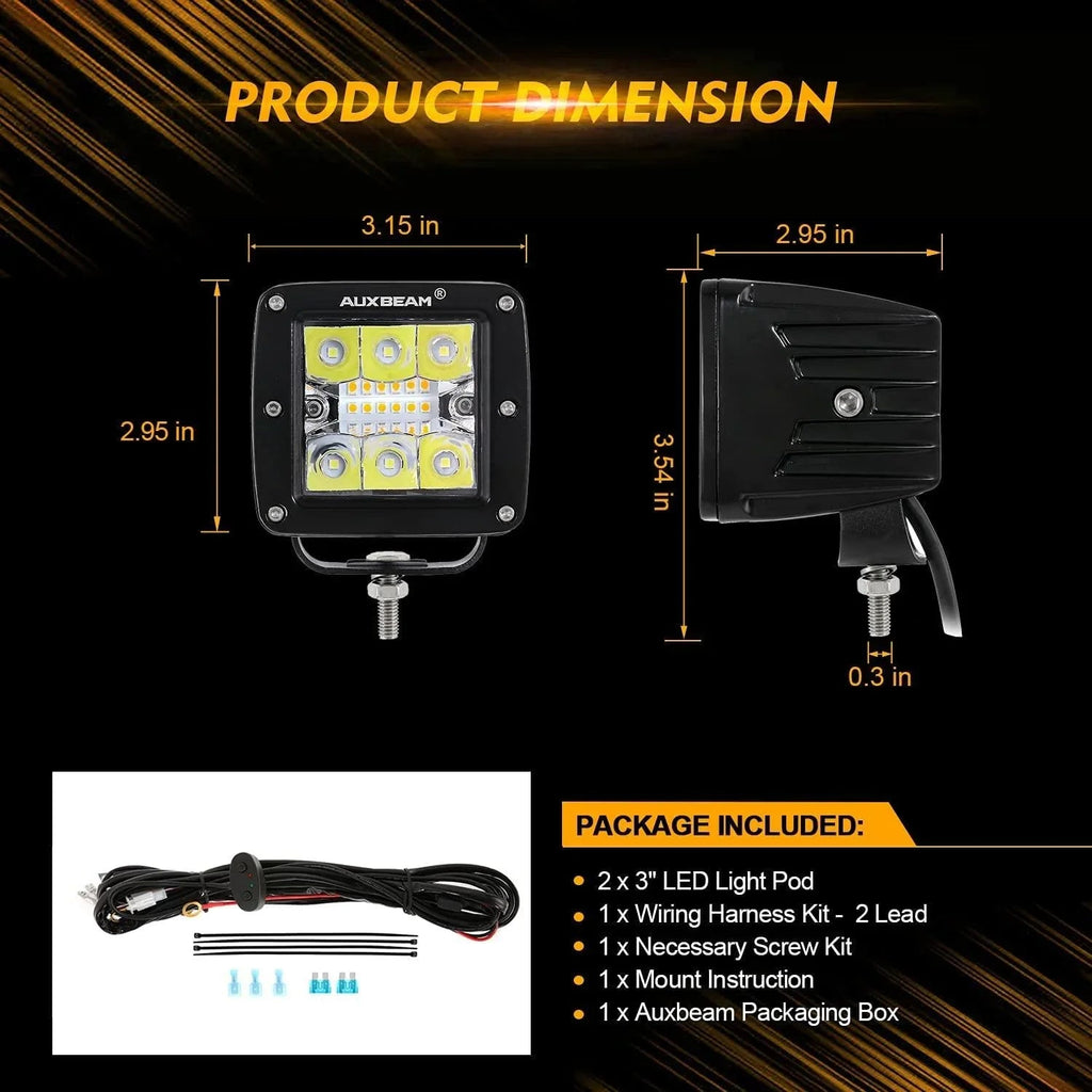 3 inch 6 Modes White&Amber LED Square Light Pod Working Lights with Wiring Harness for SUV ATV UTV Trucks Pickup Boat