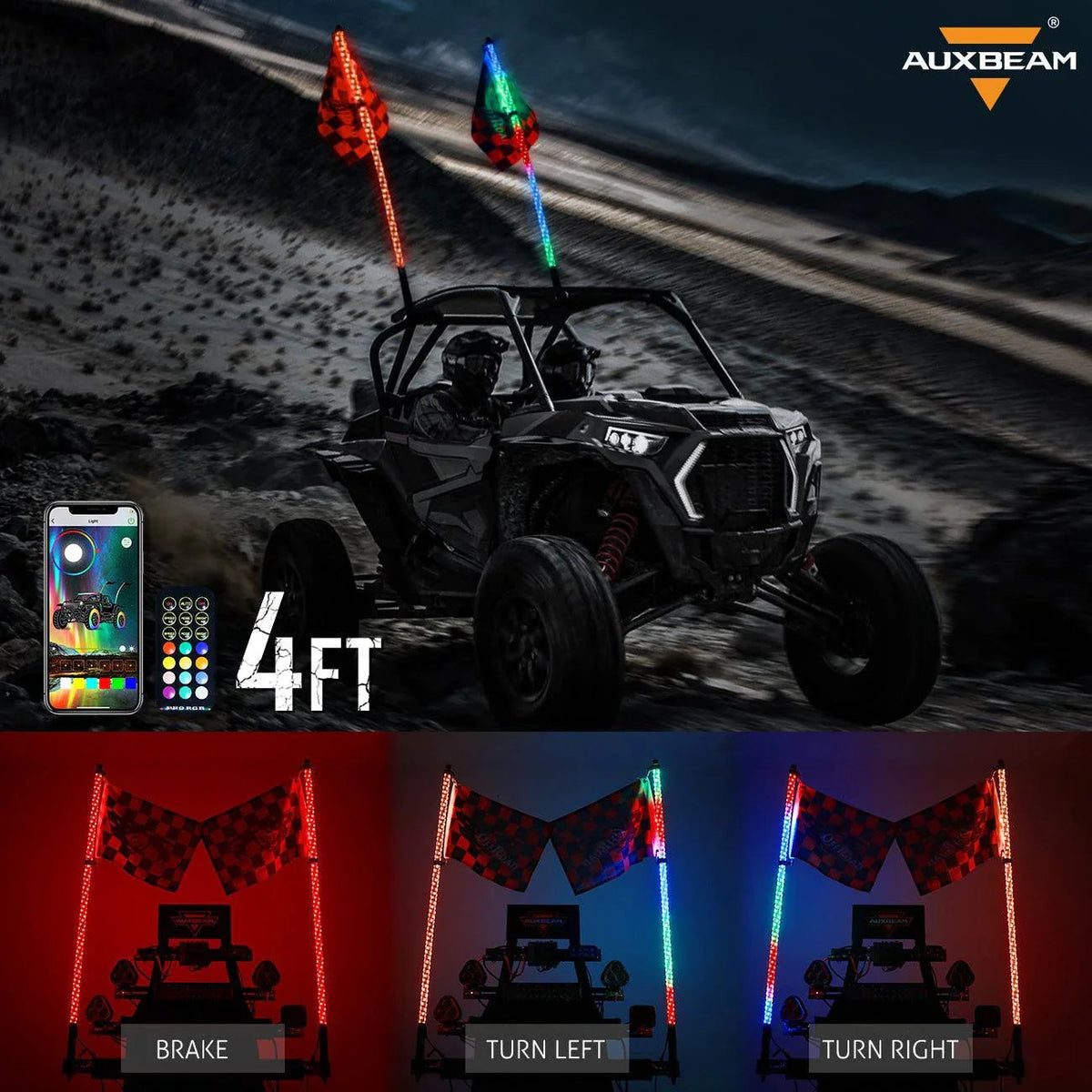 Auxbeam 3FT/4FT LED RGB Whip Lights