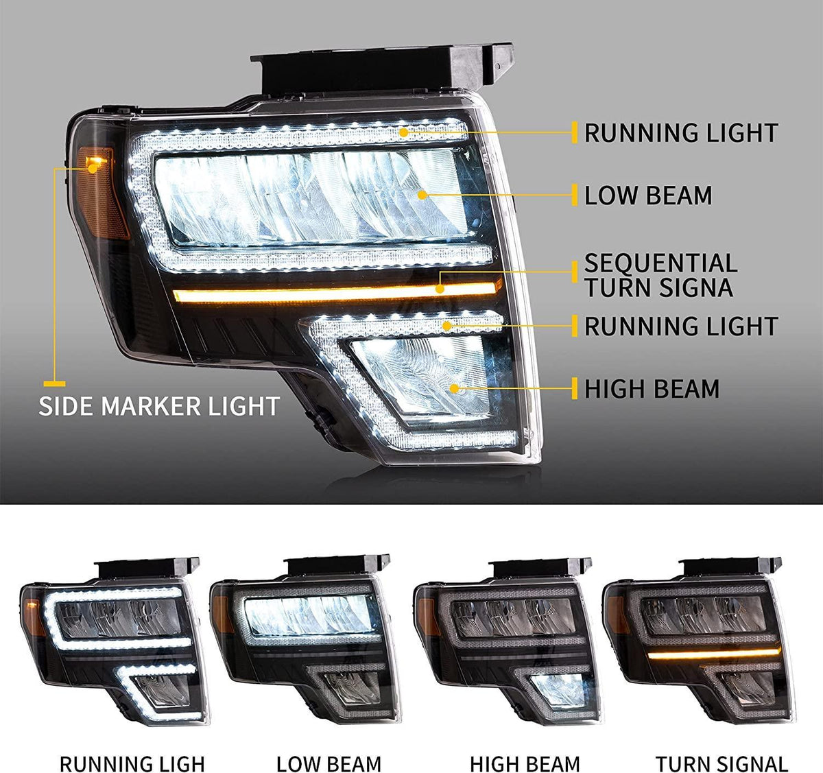 Vland LED Headlight Assembly Reflection Bowl for 2009-2014 Ford F150 12th Gen