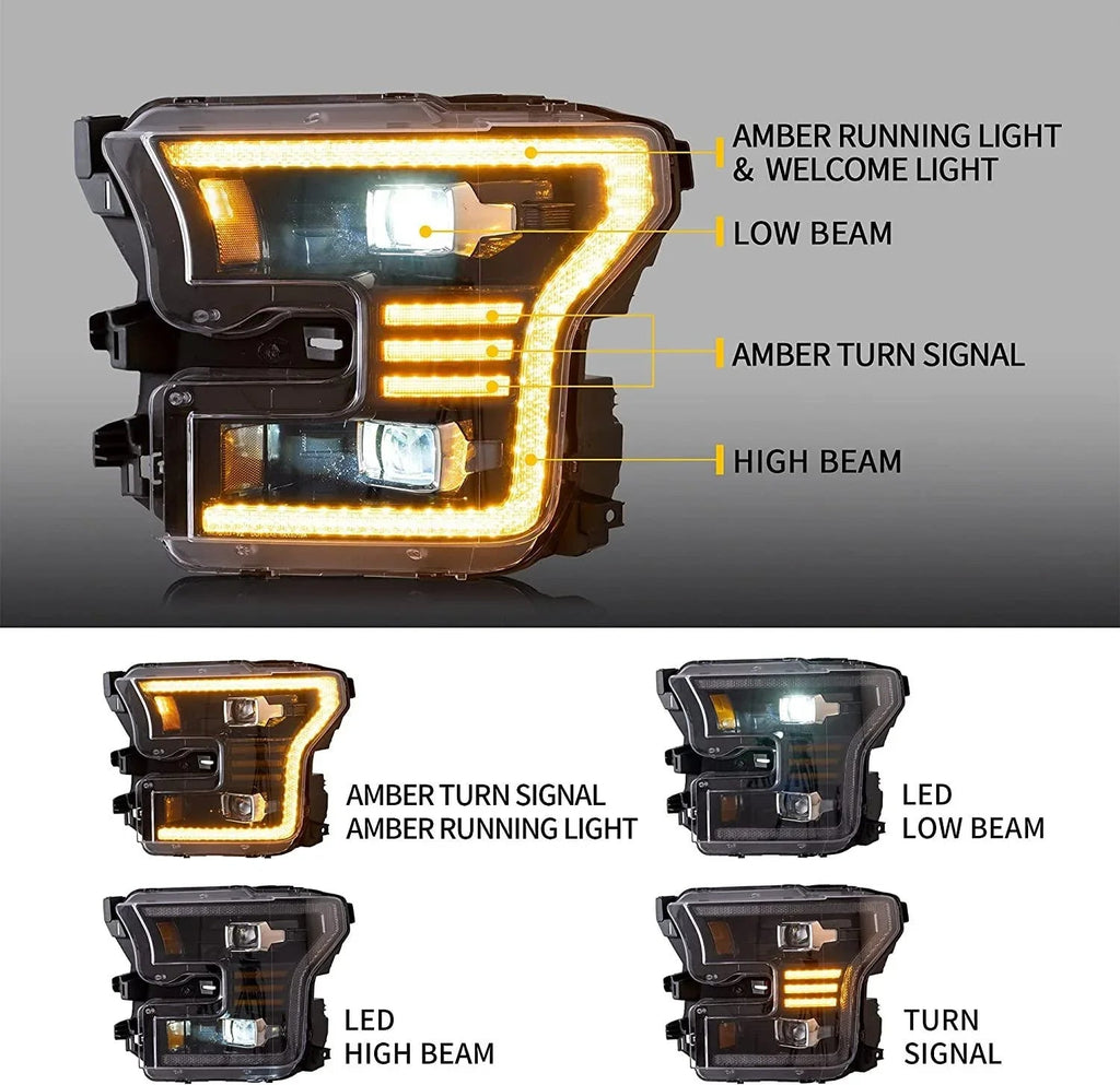 Vland LED Headlight Assembly Dual Beam Projector Black for 2015-2017 Ford F150