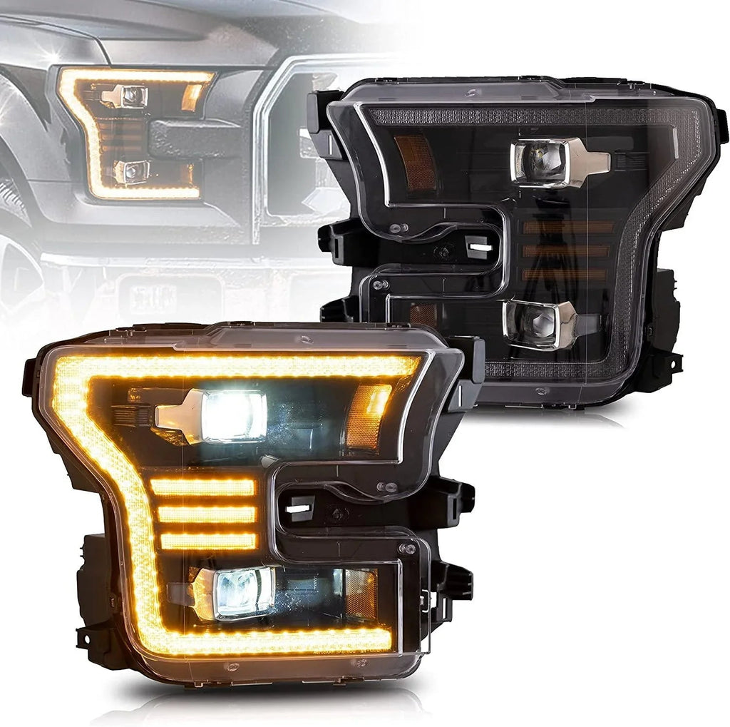 Vland LED Headlight Assembly Dual Beam Projector Black for 2015-2017 Ford F150