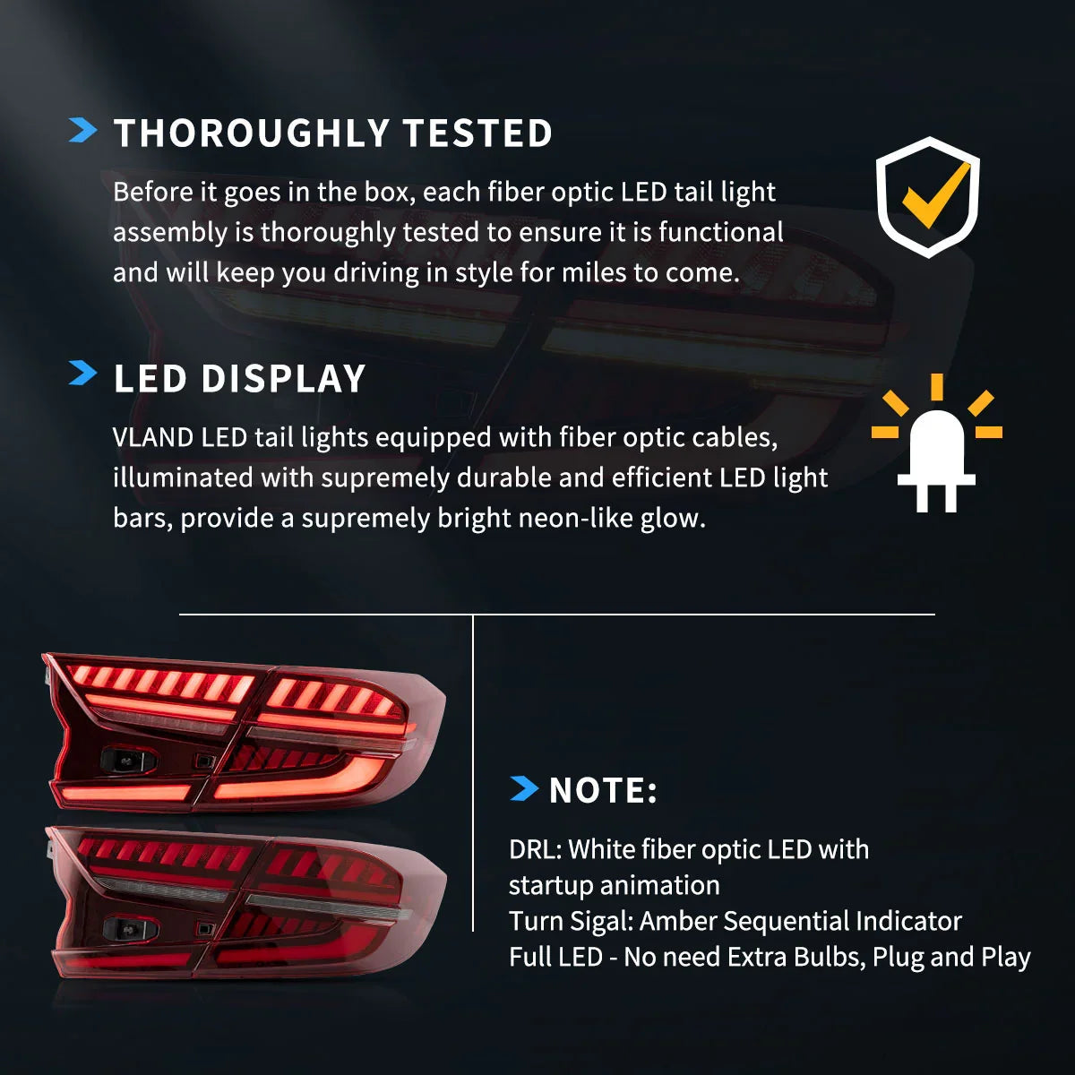 Vland LED Tail Light Assembly for 2018-2022 Honda Accord 10th Gen