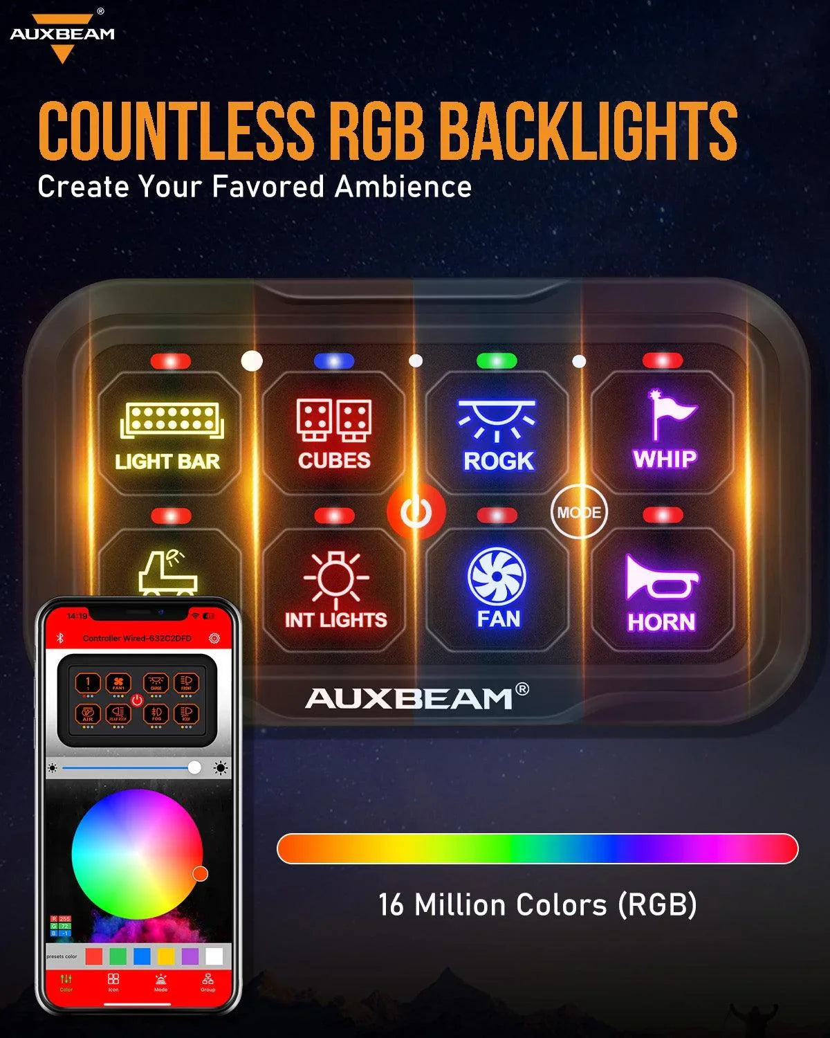 Auxbeam AR-800 RGB Switch Panel with APP+12 Inch 5D-PRO LED Light Bar