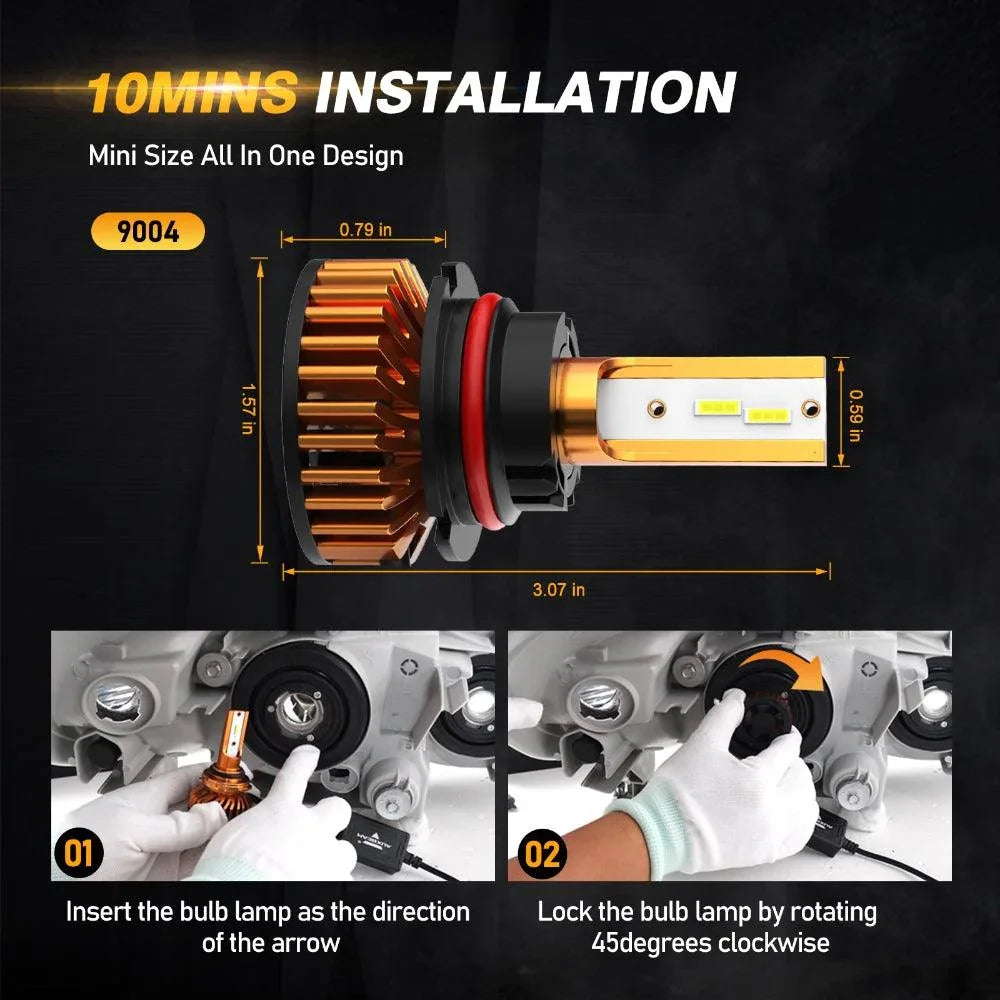 Auxbeam 9004 LED Headlight Bulbs 52W F2 Series Mini Size 2 Bulbs