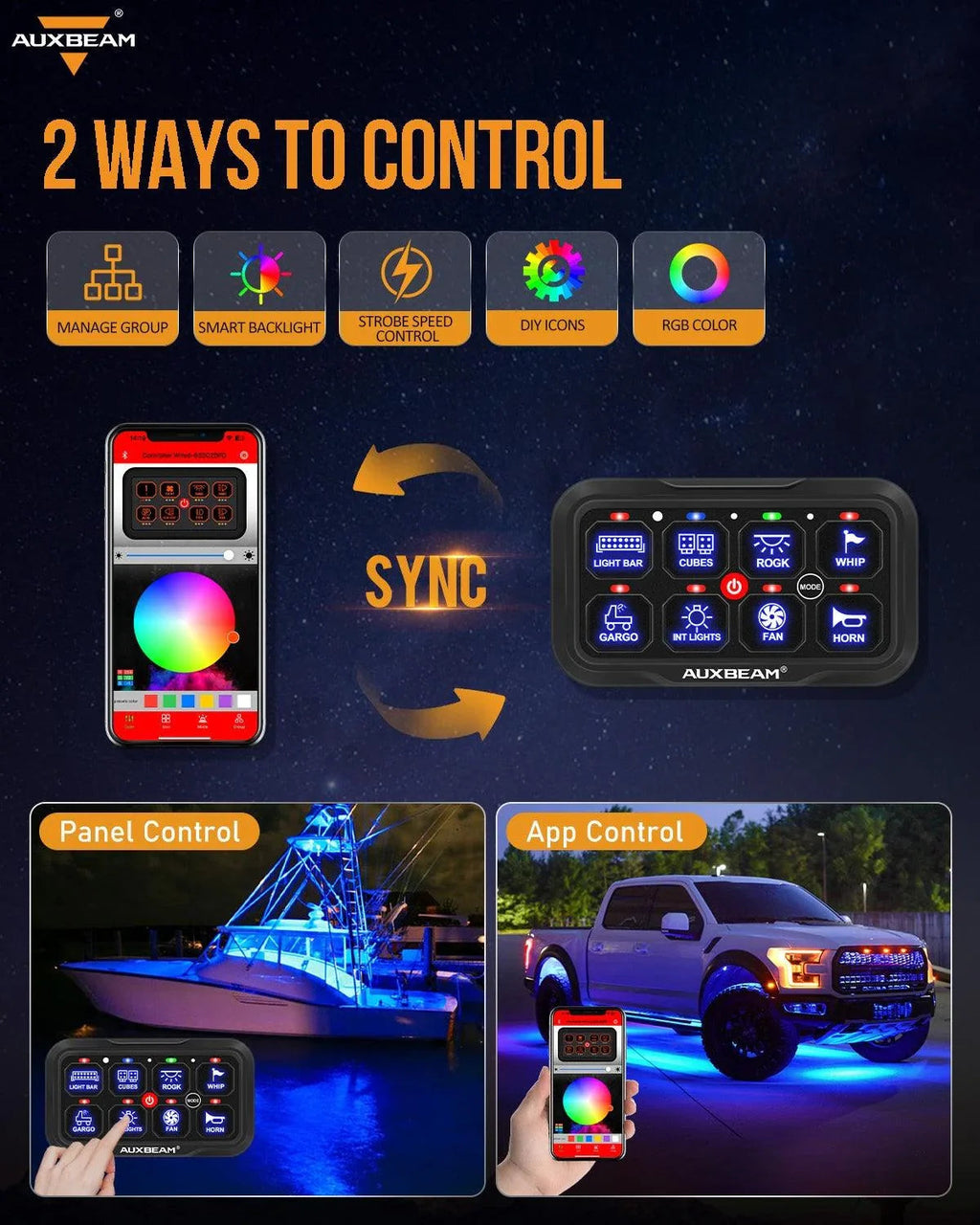 Auxbeam AR-800 RGB Switch Panel with APP+12 Inch 5D-PRO LED Light Bar