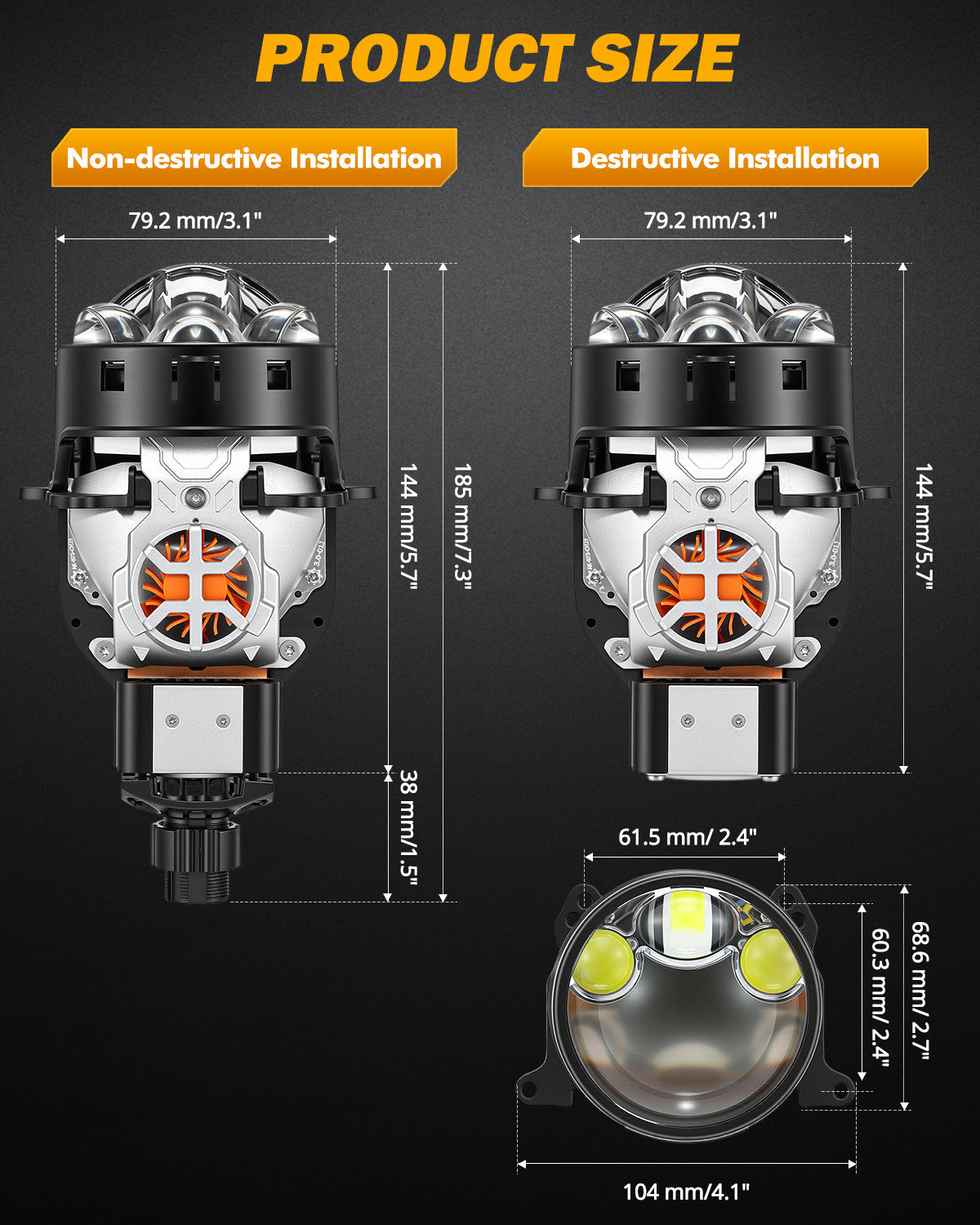 Auxbeam 3 Inch 148W Dual Fan Cooling Bi-LED Projector Headlight 6500K Triple