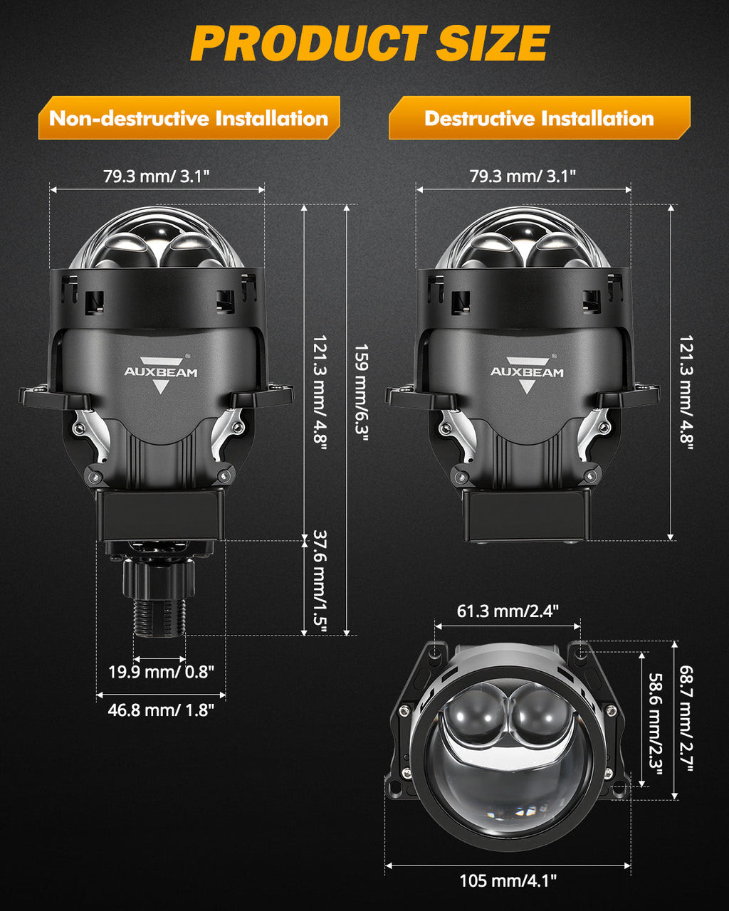 Auxbeam 3 Inch 160W 6000K Bi-LED Projector Headlight Dual Laser Beam S8 Series