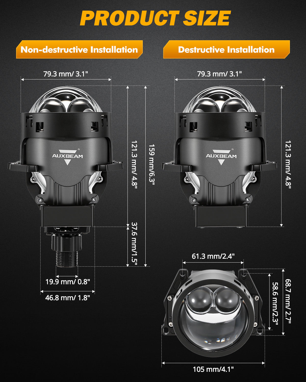 Auxbeam 3 Inch 160W 6000K Bi-LED Projector Headlight Dual Laser Beam S8 Series