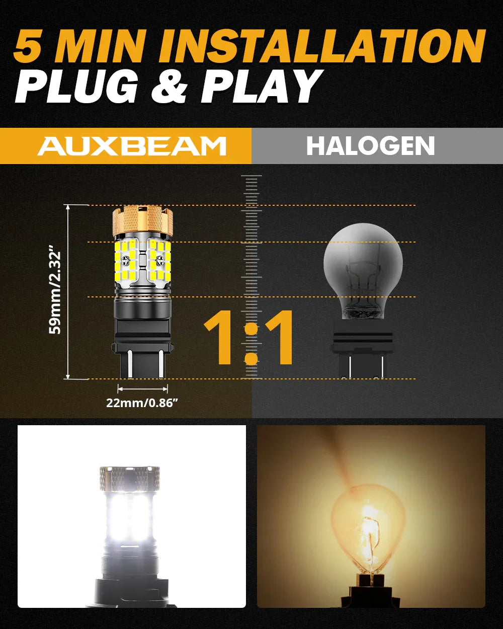 Auxbeam T25 3157 3156 LED Backup Reverse/Turn Signal/Brake Tail Light Bulbs 50W