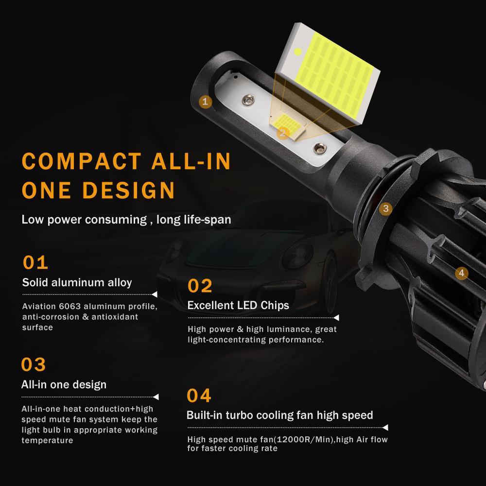 Auxbeam T5 Series Fan Cooling 50W LED Light Bulbs High Low Beam Conversion Kit