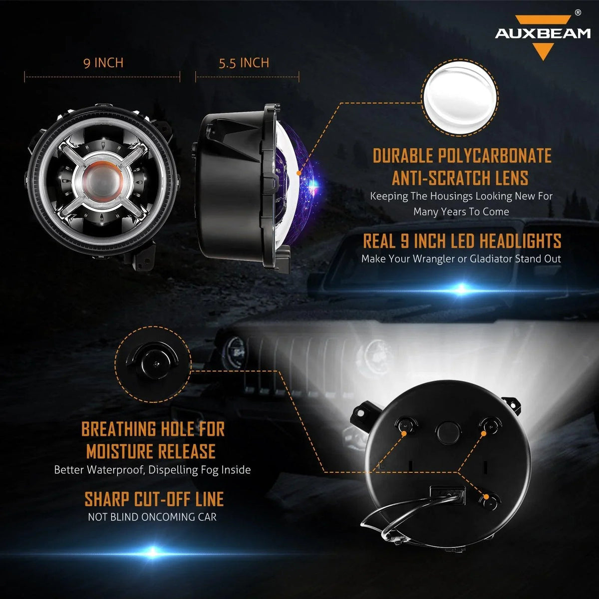 Auxbeam 9'' Round RGB LED Headlights Bluetooth for Jeep Wrangler JL 2018-2019