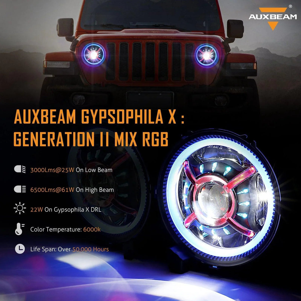 Auxbeam 9'' Round RGB LED Headlights Bluetooth for Jeep Wrangler JL 2018-2019