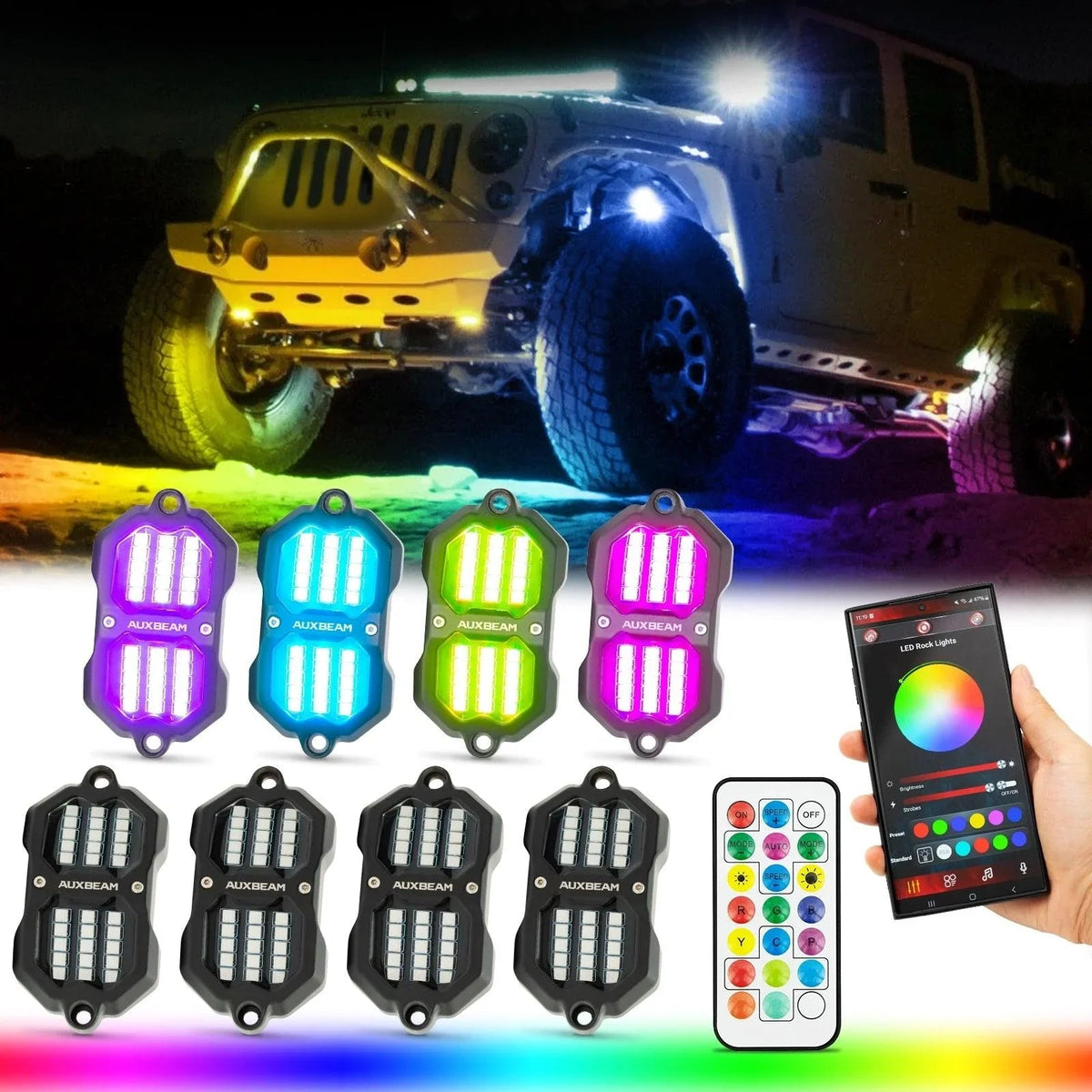 Auxbeam Vibrant Series RGB LED Rock Lights Kit Multicolor Neon Underglow Lights
