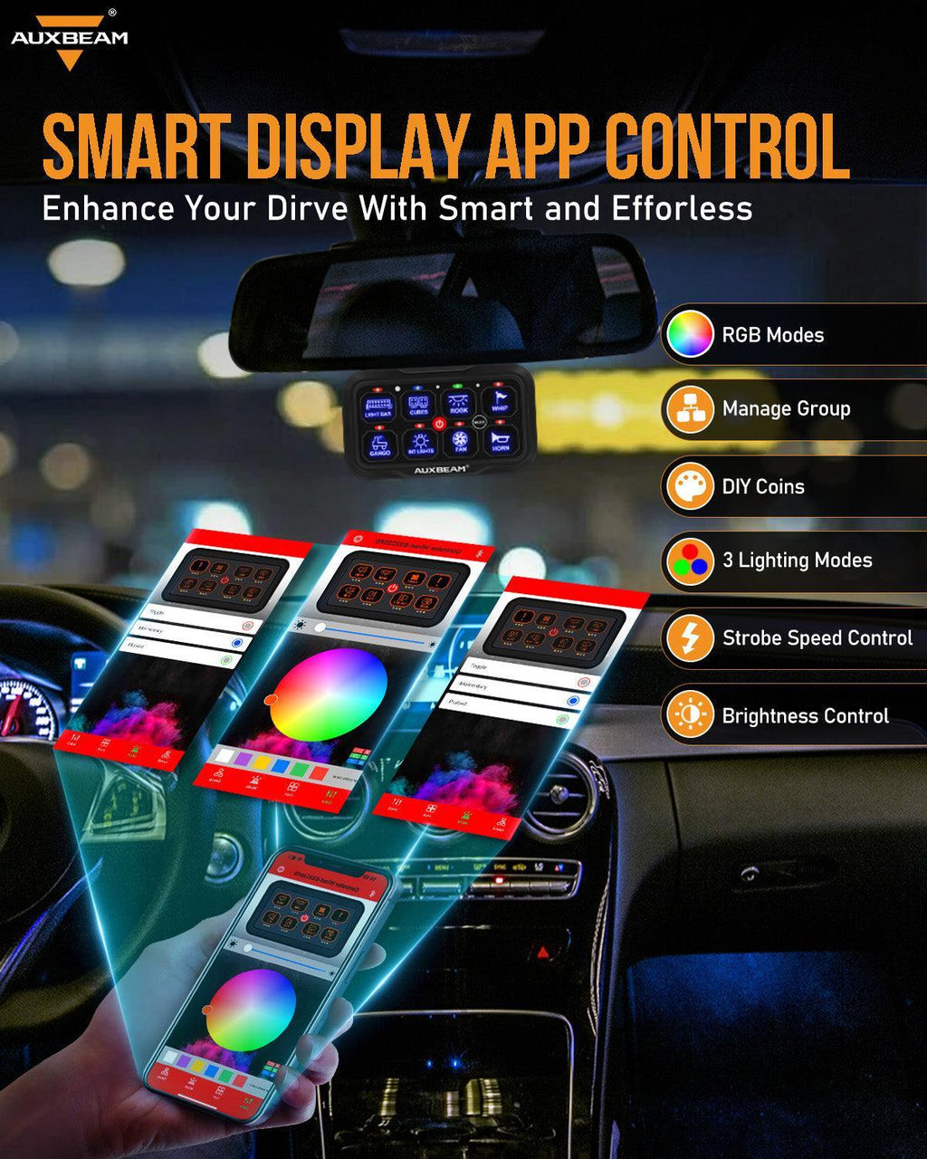 Car interior showing smart app control for LED lighting, RGB modes, and brightness options.