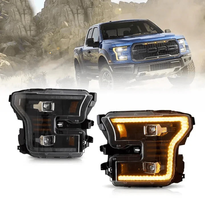 Vland LED Headlight Assembly Dual Beam Projector Black for 2015-2017 Ford F150